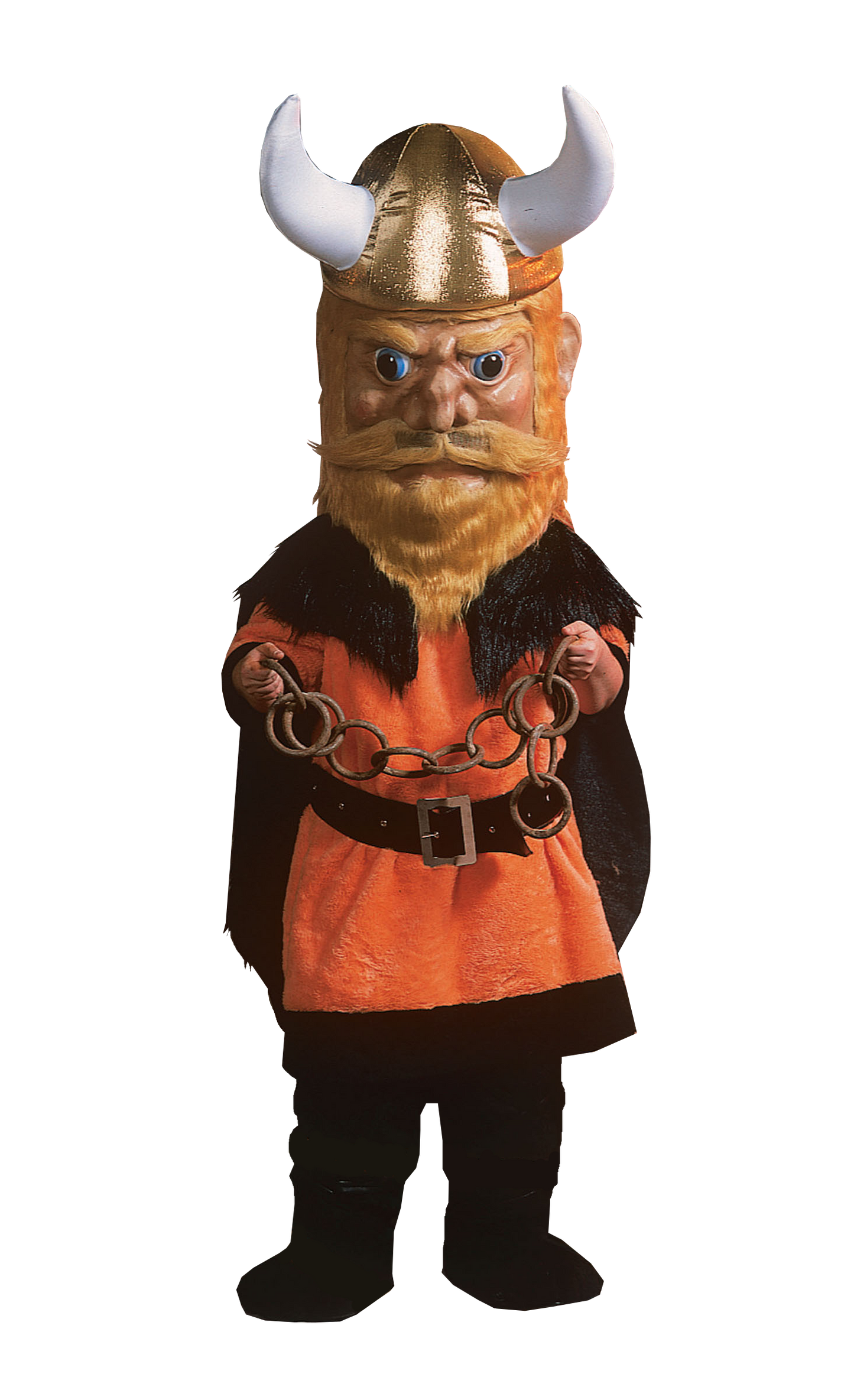 Victor Viking Mascot carrying chains and wears a large helmet with horns