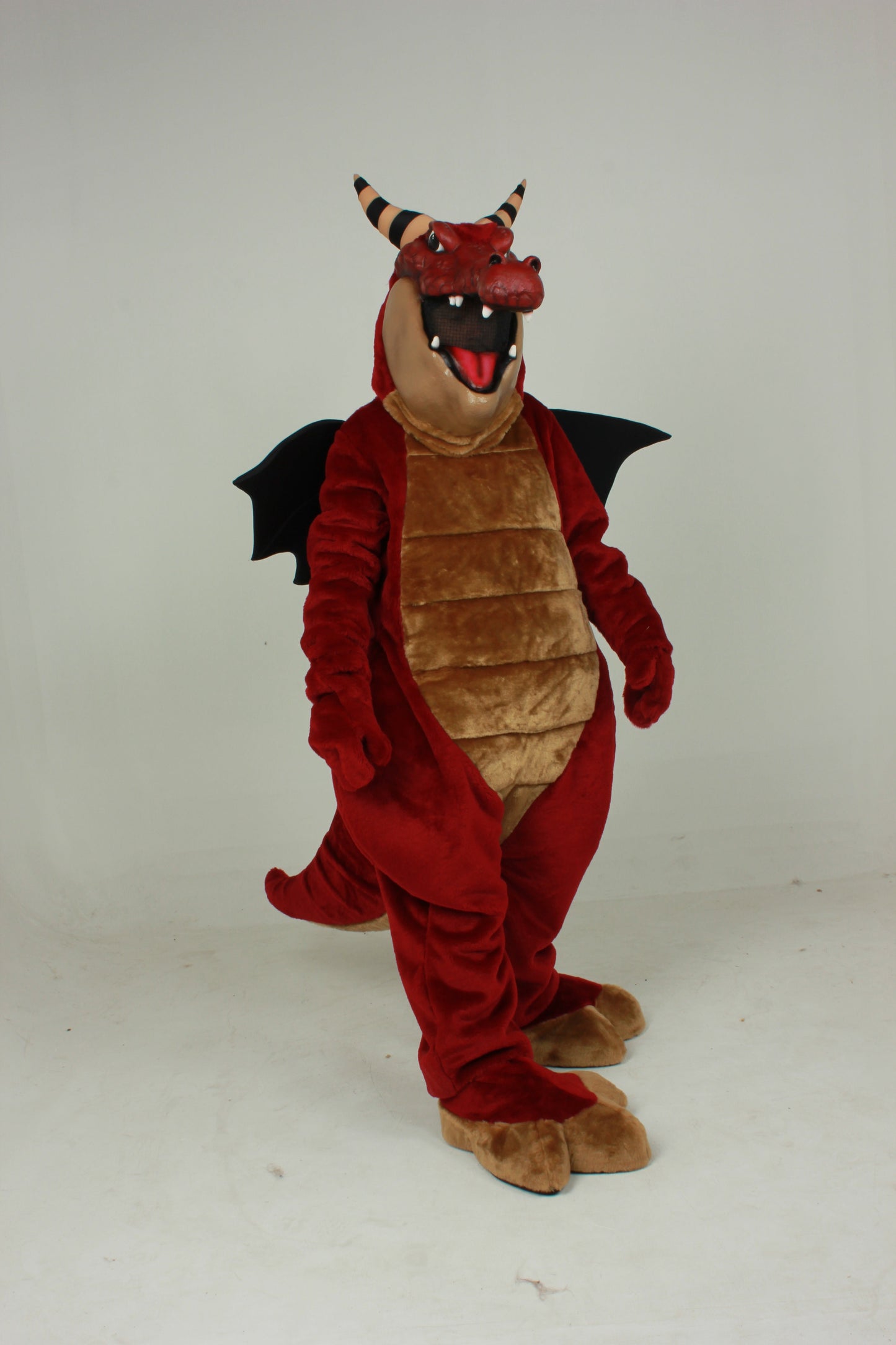 Crunch Dragon has horns, large open mouth for vision, fabric wings, and rounded body.