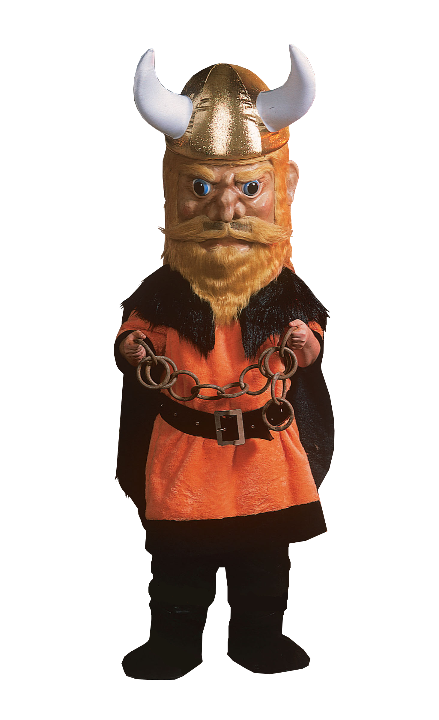 Victor Viking Mascot carrying chains and wears a large helmet with horns