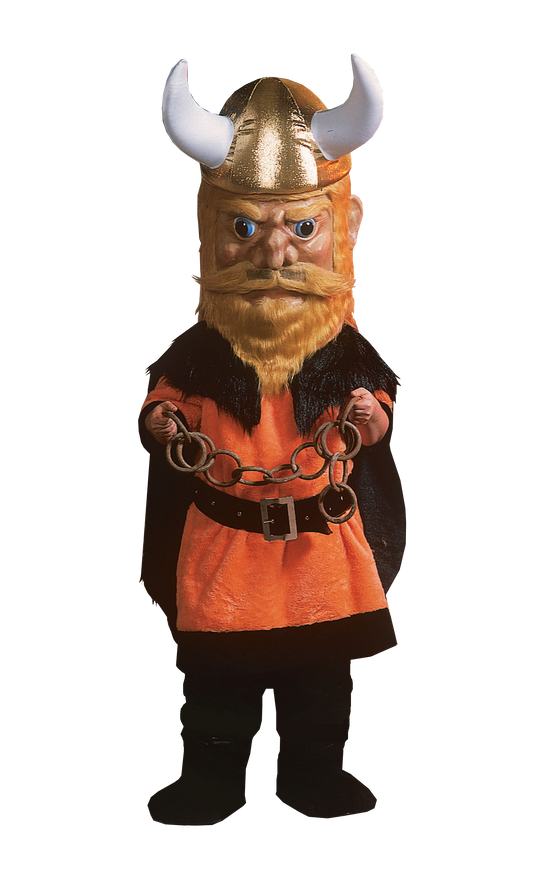 Victor Viking Mascot carrying chains and wears a large helmet with horns